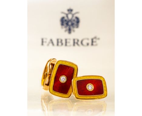 A pair of modern Fabergé limited edition cufflinks, small round brilliant-cut diamond to centre of each, red and yellow guill