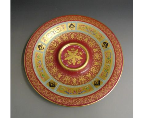 A Vienna ewer stand, burgundy ground with raised gilt borders and a deep border of turquoise with gilt panels painted with ur