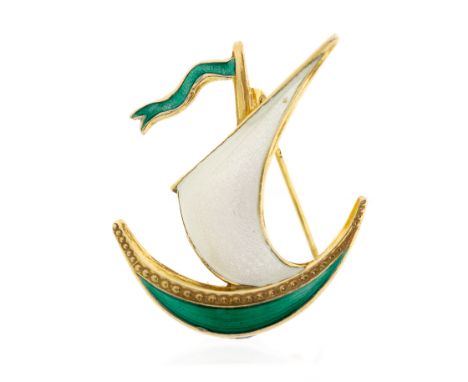 A modernist Norwegian silver-gilt and enamel brooch, modeled as a Viking ship, with green and white enamel, stamped 925 Sterl