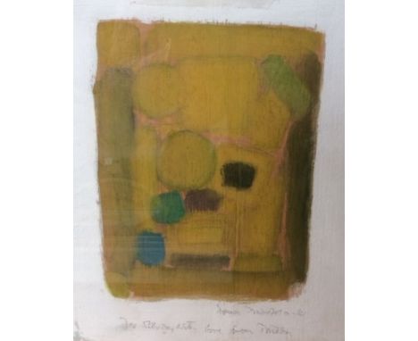 Derek Middleton (1928-2002), abstract watercolour on wooden board, signed in pencil with dedication, 1981, framed and glazed,