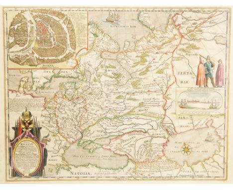 Blaeu, Willem (1571-1638). 17th-century map of Russia, featuring inset view of Moscow and figures in regional costume, hand-c