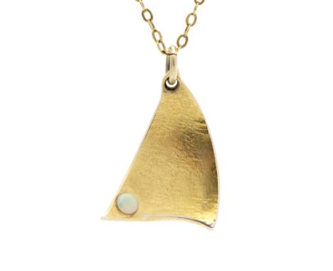 Georg Jensen, a Danish modernist silver-gilt and opal curved triangular form pendant, the circular cabochon opal approx 3mm d