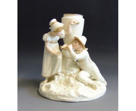 A Royal Worcester figure of two children by an urn, the boy playing a pipe, after a model by James Hadley, circa 1886  date c