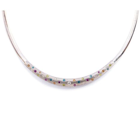 A multicoloured diamond set 18ct white gold collaret necklace, the matt finish crescent shaped front rub-over set with small 