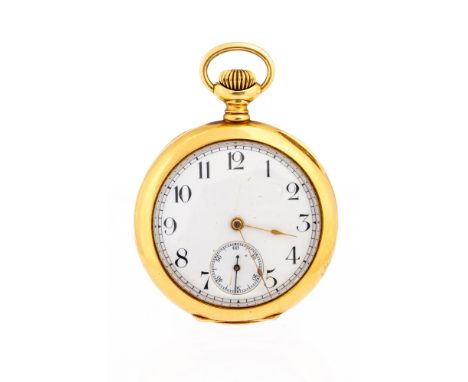 An 18ct gold open faced top-wind fob watch, circa 1910, 3cm white enamel dial with subsidiary seconds dial, monogrammed backp
