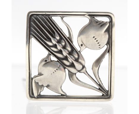 Arno Malinowski for Georg Jensen, a Danish Modernist silver brooch, depicting two robins and a wheat sheaf, number 250, appro