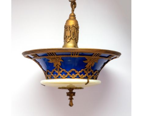 A circa 1920's Art Deco pendant electric light fitting, gilt metal and blue enamel with an opaque glass base shade, with the 