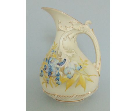 A Royal Worcester ewer, ivory ground painted with Wisteria, No 1439, circa  1891, 19.5cm highCondition: wear  to gilding on r