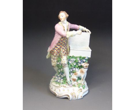 A Derby figure of a Gallant standing by a tree holding an open basket with his left hand and holding a flower in his right ha