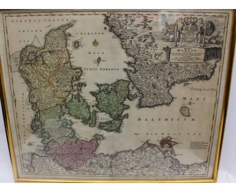 Hondius, Henricus (1597-1651). 17th-century map of the Duchy of Holstein, featuring inset views and sailing ships, hand-colou