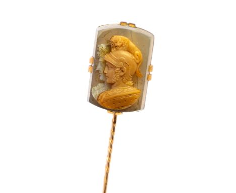 A Victorian yellow gold large stick pin, with chalcedony quartz cameo carving of Roman centurion heads, helmet surmounted by 