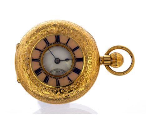 A Continental 18ct gold lady's half hunter fob watch, circa 1900, the 3.5cm case chased with flowers and foliage, pink enamel
