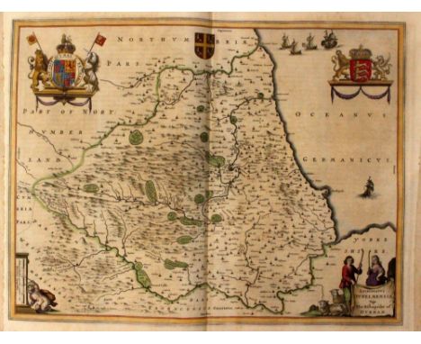 Blaeu, Joan (1596-1673). 17th-century map of Durham, featuring coats-of-arms, figures and ships, hand-coloured copper engravi