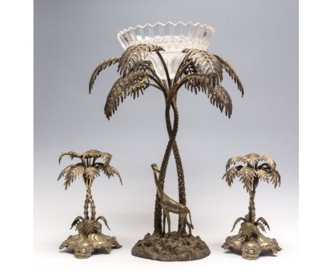 A Mappin & Webb EPNS epergne cast as giraffe and palm tree garniture, cut glass compact bowl (3)