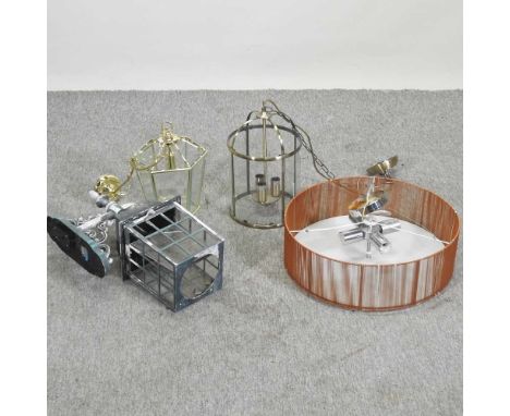 A collection of lights and lamps, to include a glass lantern, 36cm high