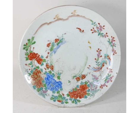 A 19th century Chinese porcelain charger, 37cm diameterCondition report: The painted decoration is heavily worn. There is a h