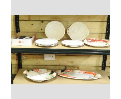 Two Belleek porcelain plates, black printed marks, together with a collection of Portuguese dishes, stamps, cigarette cards, 