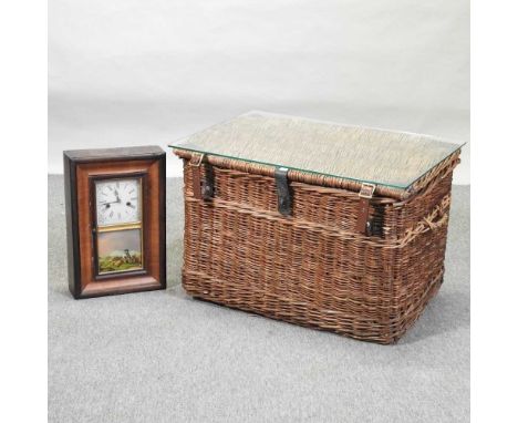 A wicker trunk, with a glass top, 78cm, together with an American shelf clockCondition report: The shelf clock will tick, win