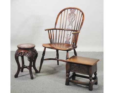 A 20th century Windsor style armchair, together with a Bible box, 40cm, and a carved occasional table (3)Condition report: Ch