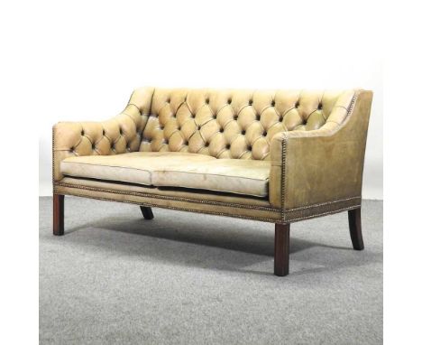 A mid 20th century green leather upholstered button back sofa, on square legs137w x 75d x 76h cmCondition report: Overall it 
