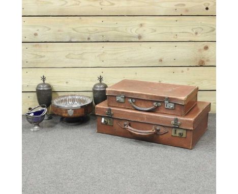 A collection of prints, together with vintage suitcases, brass jars, silver plate and a bowl