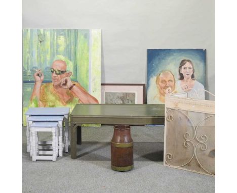 A green painted coffee table, 106cm, together with a nest of three painted occasional tables, a metal firescreen, three pictu