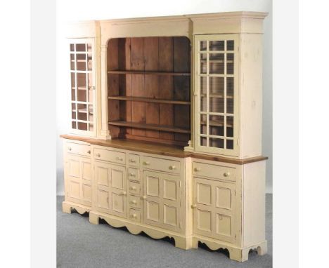 A large 20th century cream painted and pine breakfront dresser, on bracket feet257w x 35d x 208h cmCondition report: Overall 