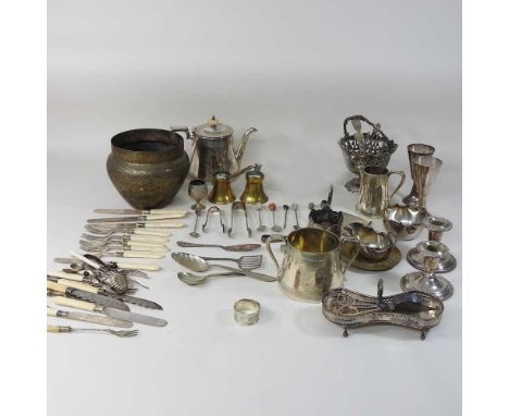 A collection of 19th century and later silver and plated items, to include teapot, candlesticks and cutlery