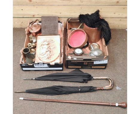 Two boxes of items, to include a hydrogen balloon leak detector, by E F Gurnett, printing block and a small copper kettle, to