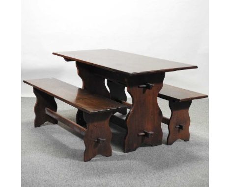 A mid 20th century oak refectory table, together with a pair of matching bench seats, 137cmTable 137w x 68d x 74h cm