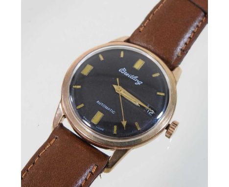 A 1940's Breitling automatic gentleman's wristwatch, the black dial signed Seitacche, with baton hours, on a later brown leat