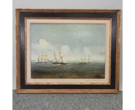 English school circa 1900, A seascape with sailing vessels, oil on board, 34 x 44cm