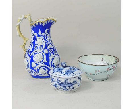 A Meissen porcelain blue and white sucrier and cover, 12cm diameter, together with a Victorian Staffordshire jug and an ename