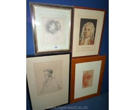 A crayon Portrait head signed 'DC' and '52', a pencil Portrait early 20th c. together with two others