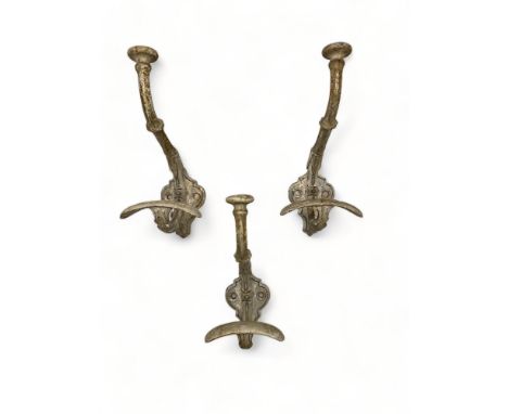 A set of four French vintage style grey distressed enamel double coat hooks, a table lamp and a candelabra
Each 22cm high, a&