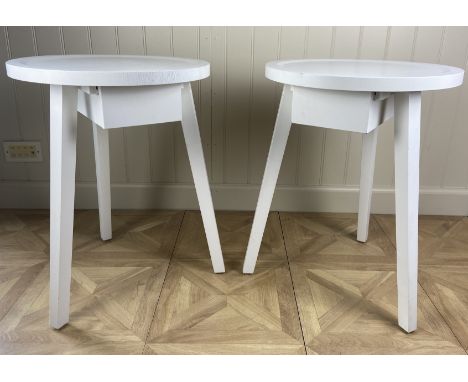 A pair of Gervasoni&nbsp;white 'Gray' tables designed by Paola Navone
With drawer under the circular tops, on tripod legs, ea