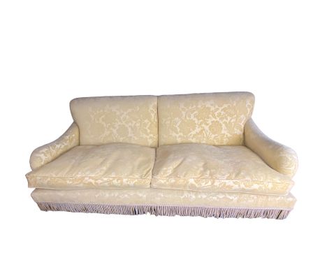 A contemporary traditional style gold damask upholstered sofa
The rectangular back, sides and seat with two seat cushions abo