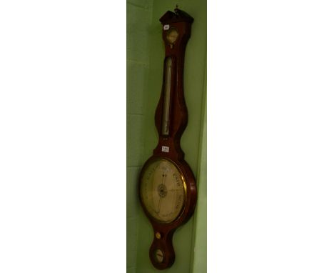 An early 19th century mahogany wheel barometer, spirit level, silvered dials signed Spelzini of Holborn, with hydrometer and 