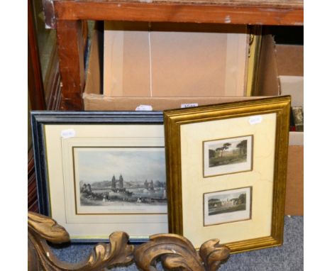 Quantity of assorted framed black and white engravings, framed watercolour landscape of Manchester and a gilt framed oil port
