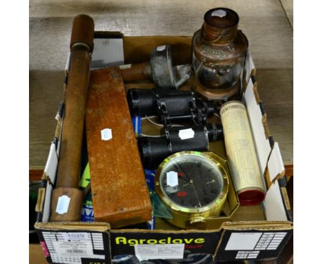 Sestrel compass, Sewills ship's clock, binoculars, ship's lamp, assorted cartography and other instruments and telescope  