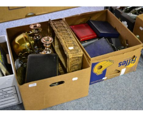 Box of copper pans, coffee grinder, brass cutlery 