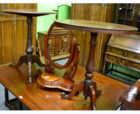 A mahogany tripod table, another Victorian example with oval top and a mahogany dressing table mirror (3)