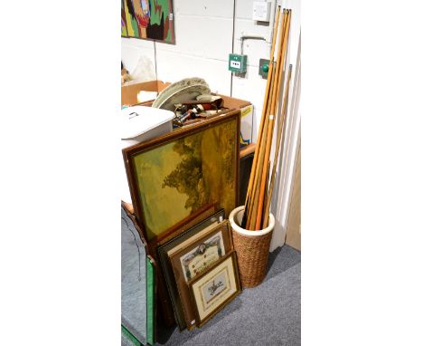 An oil on board depicting a landscape scene, a sampler, a textile picture, Carrs of Carlisle long service certificate, enamel