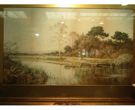 B.W. LEADER: A print depicting Salisbury water meadows, dated 1914, gilt framed and glazed, 42cm x 71cm 