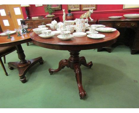 Circa 1860 a mahogany circular top table on a turned column base and scroll foot tripod legs with ceramic castors 