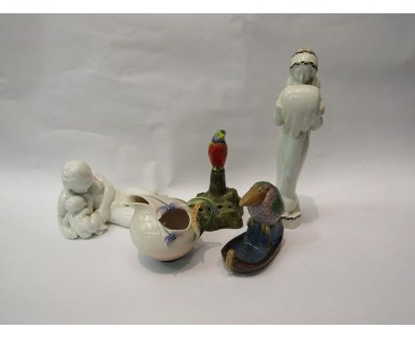 A porcelain Mother and Child figure marked Denmark, Franz Art Nouveau design jug, Art Deco style figure, Japanese pen holder 