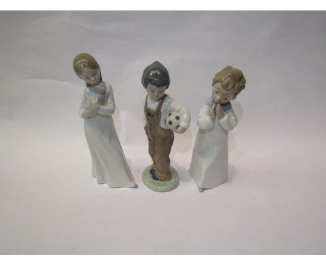 Three Nao Porcelain figures including girl with puppy and boy with football 