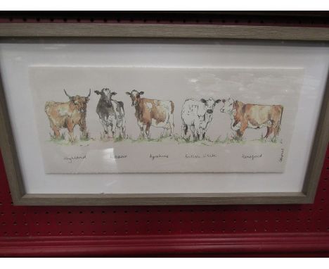 A coloured print depicting five various cows, framed and glazed 