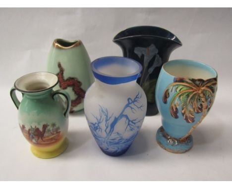 Five vases including cameo glass, German ceramic, Beswick palm tree etc (5) 