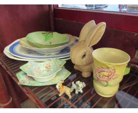 A collection of ceramics, Shelley 'Melody', Carlton ware items, Willow pattern meat platter and a Spode example, Wade lady an